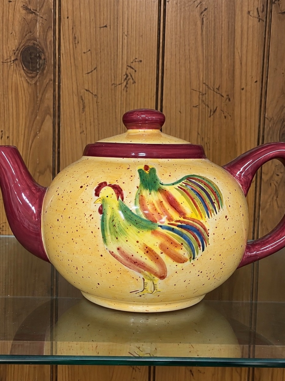Vintage Rooster Ceramic Teapot Yellow Speckled Burgundy Folk Art Farmhouse Decor